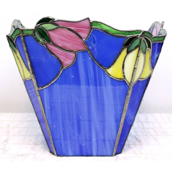 VTG Tiffany Style Stained Glass Tulips Flower Vase Waste Basket Multi Use Decor - Picture 5 of 11